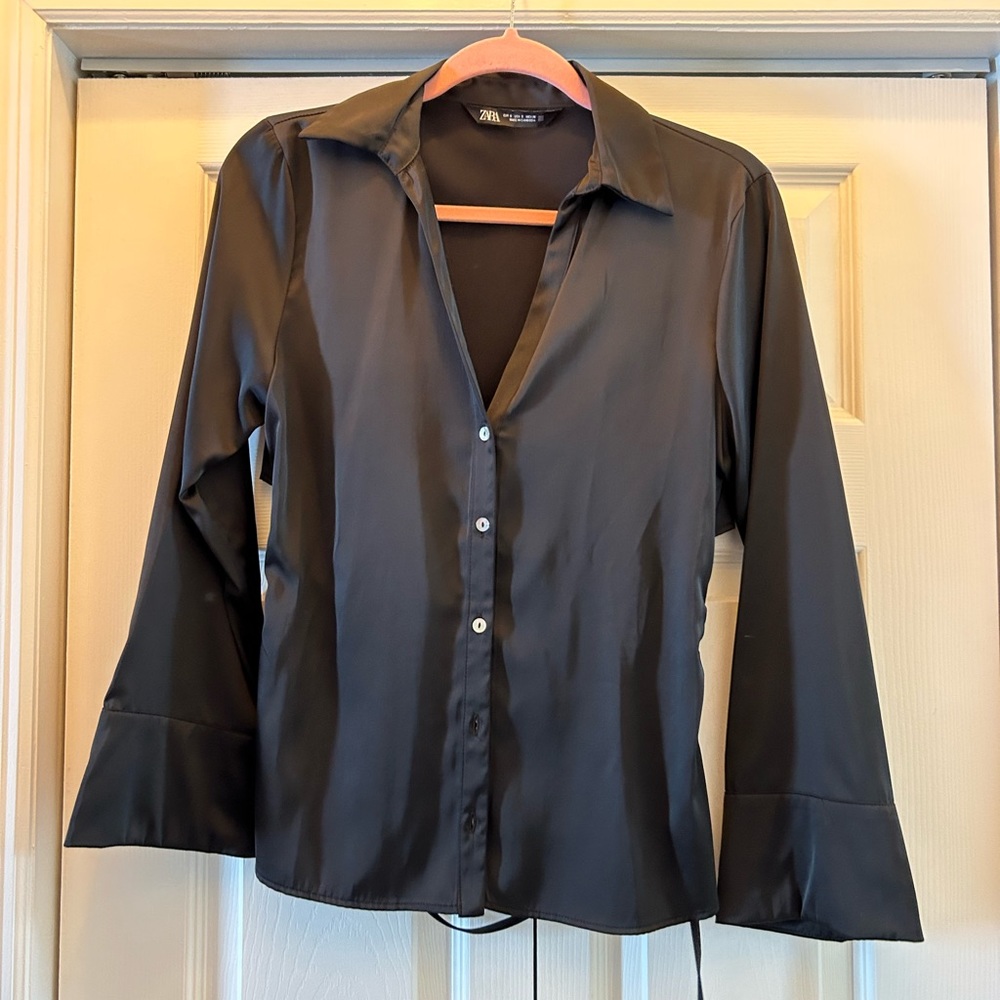 Zara black satin button down with open corset tie back
